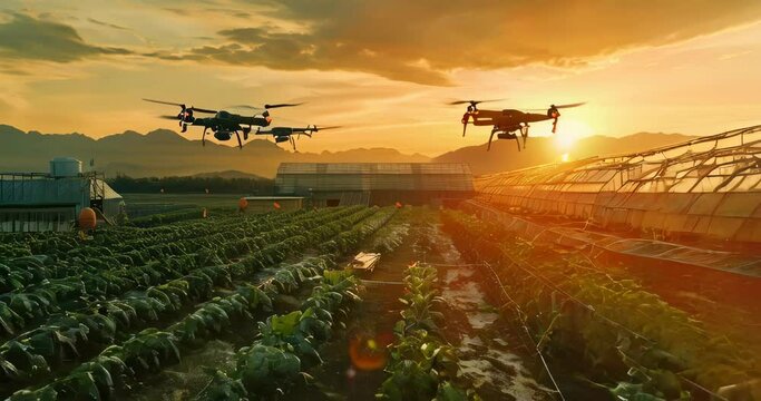 Smart farm with drones, showcasing tech-savvy agriculture and zero carbon efficiency. Zero carbon technology
