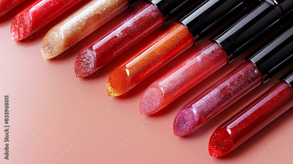 Poster assorted lipsticks of various colors arranged neatly on a pink background.