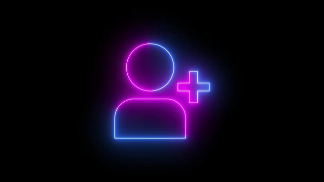 Video footage of Blue glowing Add new member user neon icon. Looped Neon Lines abstract on black background. Futuristic laser background. Seamless