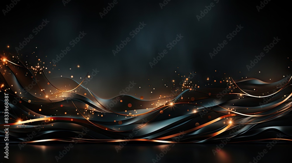 Poster artistic rendering of graceful black and golden swirls with sparkling effects on a dark background