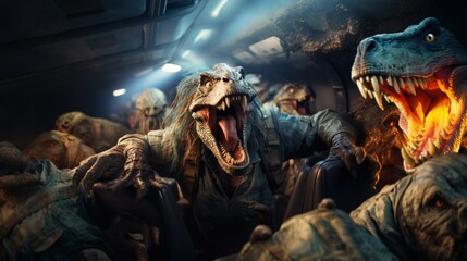 An intense digital art piece showing several dinosaurs dressed in military gear sitting inside a vehicle