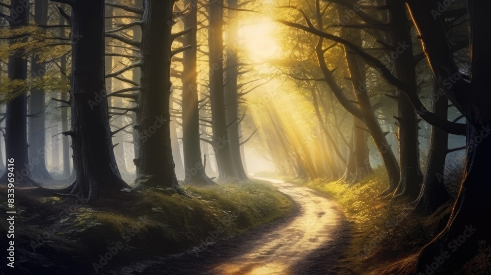 Poster enchanting forest pathway with beams of sunlight filtering through the trees, creating a mystical at