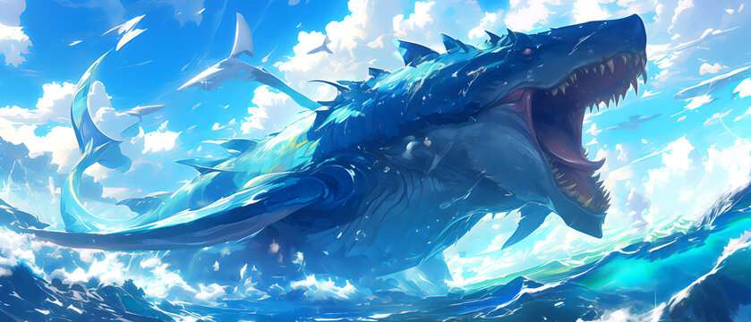 A leviathan rising from the ocean depths, its enormous form breaking the surface