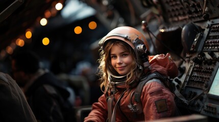 Obraz premium A young woman in an astronaut suit sits confidently in a fighter jet cockpit, smiling at the camera