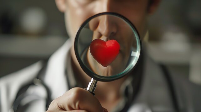 Close-up of a doctor examining a red heart shape with a magnifying glass, symbolizing healthcare, love, and cardiology focus.