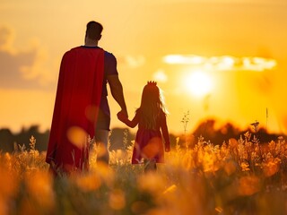 back of little girl with dad dressed in super heroes at sunset , happy loving family, super dad, best dad ever ,No1Dad