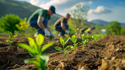 farmers planting young lemon saplings in a well-prepared field