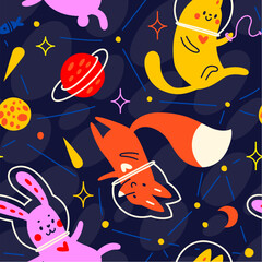 Seamless vector pattern about space. Cute astronauts fly among comets, planets, stars