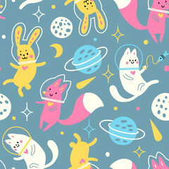 Seamless space pattern with fox, cat and hare. Vector illustration for background, wallpaper, wrapping paper