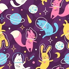 Vector pattern with cute animals. Astronauts in outer space. Seamless print for fabric, wallpaper, textiles