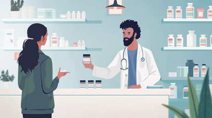 An arrangement of a customer consulting with a pharmacist about their medication, customer and pharmacist consultation, hd, with copy space