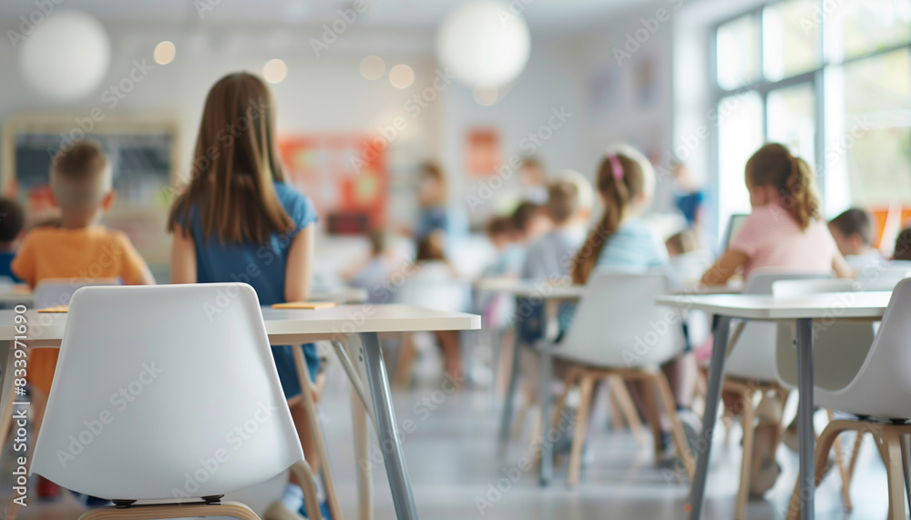 Poster a close-up image of a modern classroom with neatly arranged desks and chairs, while the blurred back