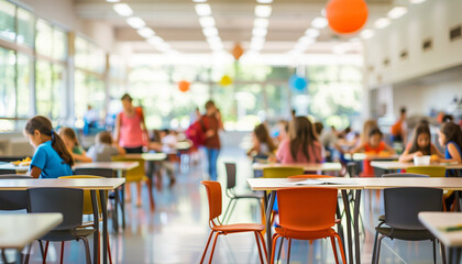 a  of a spacious school cafeteria with tables and chairs, capturing the lively atmosphere with a blurred background of children eating and socializing, Interior, Scho