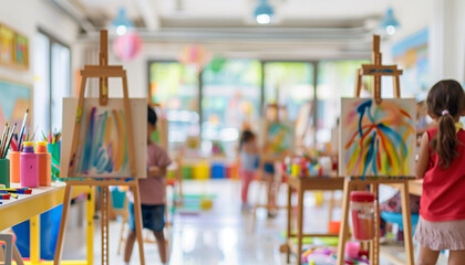 Fototapeta premium a of a well-organized art room with easels and colorful supplies, featuring a blurred background of children creating art and having fun, Interior, School, indoor, s