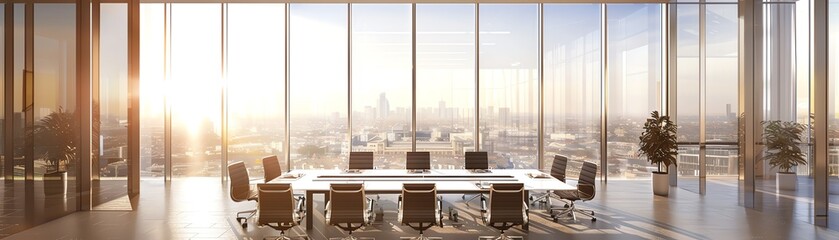 Modern office boardroom with panoramic city view, featuring a large table and chairs, illuminated by sunlight through floor-to-ceiling windows.
