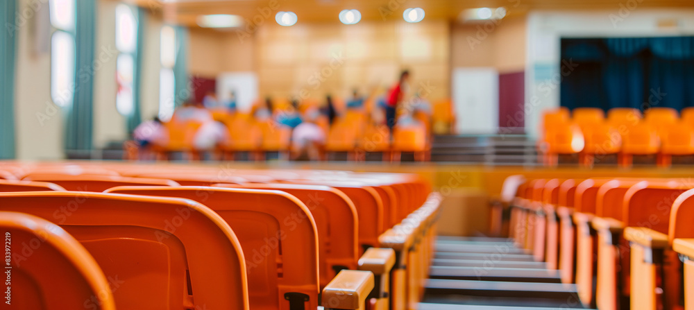 Poster a of a school auditorium with rows of seats and a stage, capturing a blurred background of students 