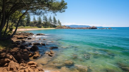 Scenic View of a Tranquil Beach with Crystal Clear Waters and Rocky Shore