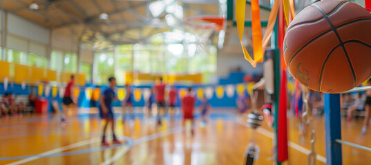a close-up image of a school gymnasium with sports equipment and banners, while the blurred background includes students playing basketball or engaging in physical activities, Inte
