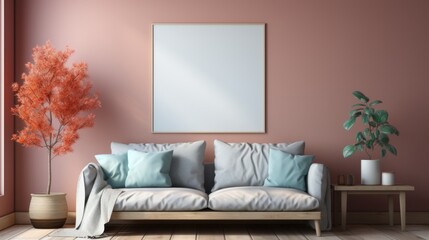 Contemporary living room interior features a sofa with pillows, plants, and a blank picture frame on the wall