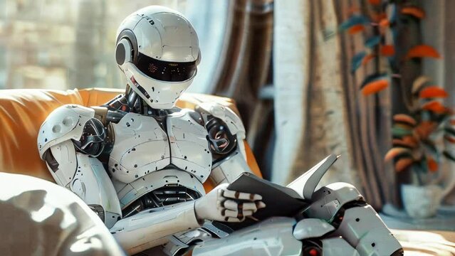 Futuristic robot is comfortably seated on couch and engrossed in reading a book. Integration of robots in human environments