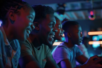 Fototapeta premium Happy friends playing console games enjoying free time team up tension free time activity friend competition colleagues break joystick sitting on couch sofa living room excited play people videogames
