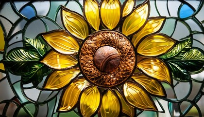 vibrant stained glass art depiction of a sunflower capturing the iconic golden hues and intricate details in a mosaic pattern