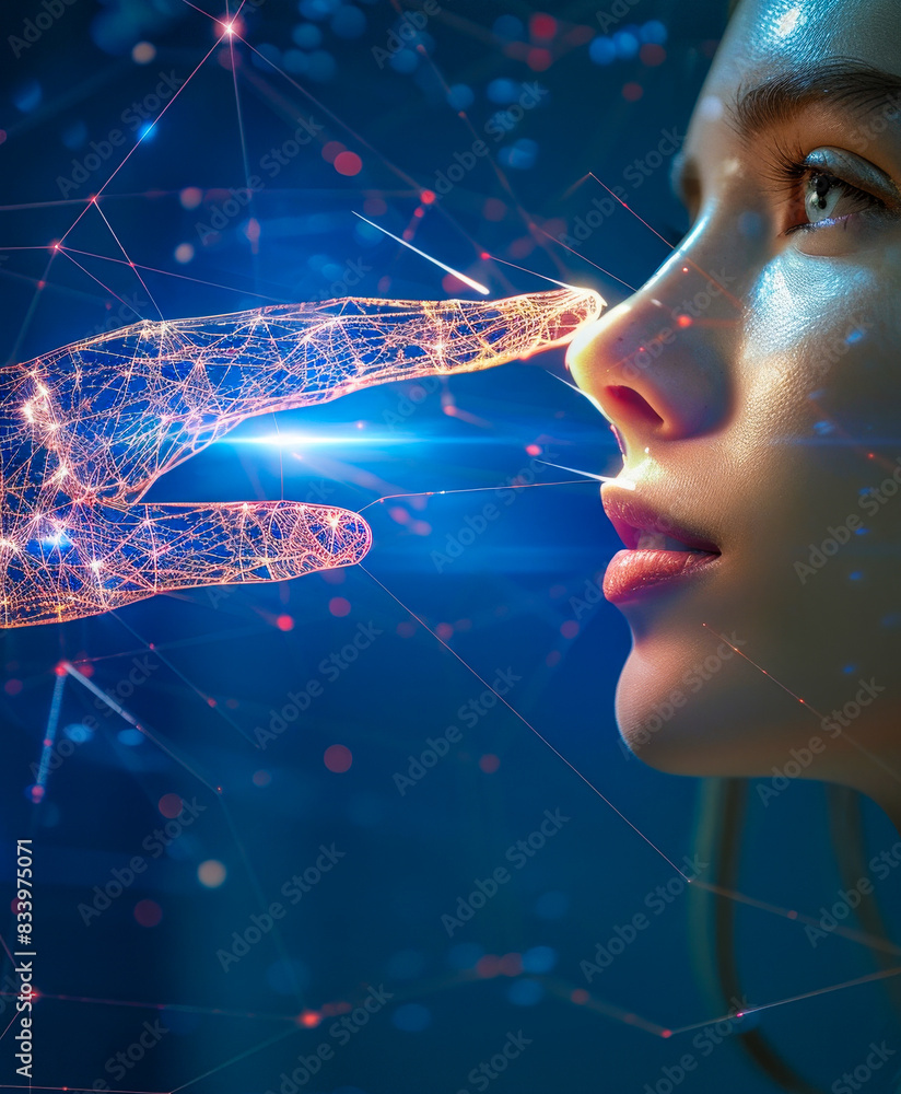 Aufkleber futuristic interaction: close-up of human and ai technology connection with digital network elements