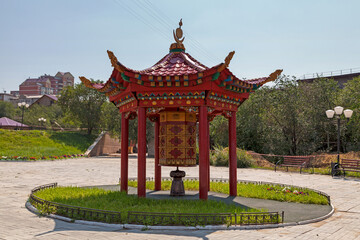 Fototapeta premium Spinning Buddhist prayer wheel in Ulan-Ude