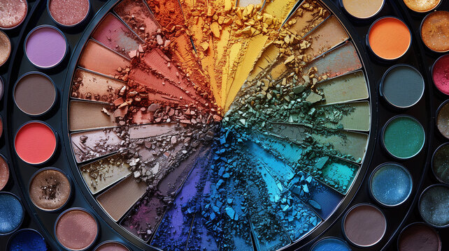 Detailed view of a colorful palette of eyeshades with various shades and hues, perfect for creating bold eye makeup looks.