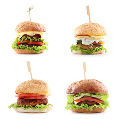 Different delicious vegetarian burgers isolated on white, set