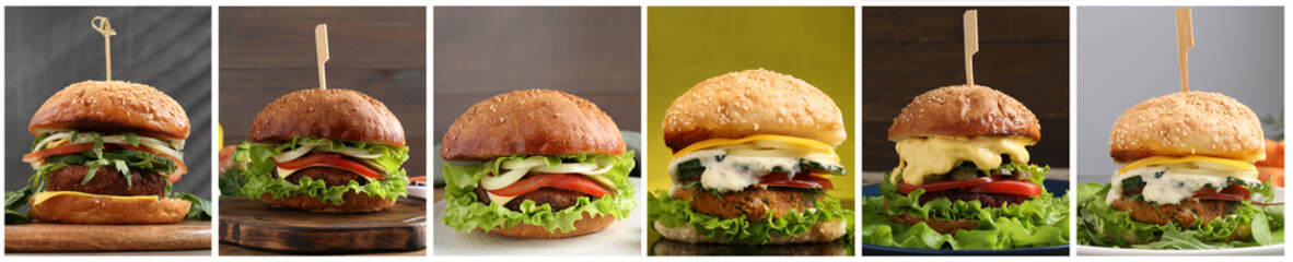 Delicious vegetarian burgers, collage with different photos