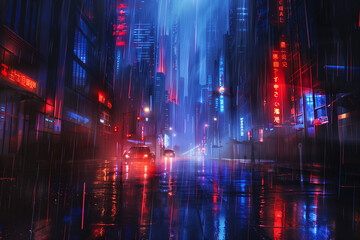 Fototapeta premium night city, cyberpunk stylistic, empty streets, dark future