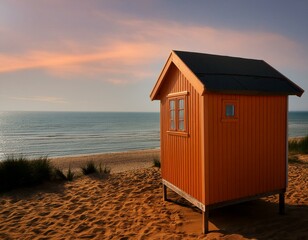Orange wooden beachhouse on a sandy beach with sea view.