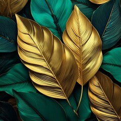 Golden and emerald leaves natural creative layout for design top view.