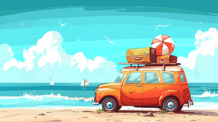 copy space, vector illustration, handdrawn cartoon style, old car with surfboard beachball and suitcases on the roof. Vacations concept, roadtrip to the beach.