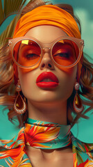 Obraz premium Retro style pastel colors summer background. Fashion woman wearing big sunglasses.