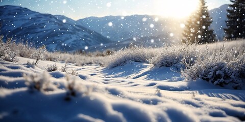 Obraz premium Beautiful wide background of light snowfall falling over of snowdrifts.