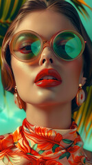 Fototapeta premium Retro style pastel colors summer background. Fashion woman wearing big sunglasses.