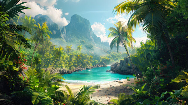 Fototapeta Tourist paradise at wild tropical forest, scene with beautiful beach, mountains and palm trees in jungle. Theme of wallpaper, wilderness, landscape, travel, nature