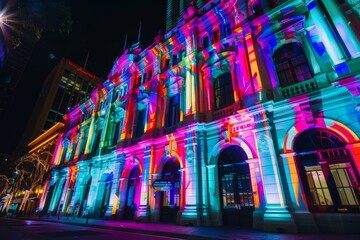 Experience the vibrant spectacle of a historic building adorned with colorful lights for a joyous celebration.