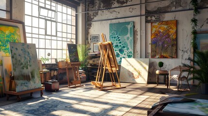 An artist's studio filled with canvases, paintbrushes, and vibrant