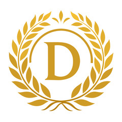 a fragile gold ''D''  logo with an ornament, in the Baroque style, framed by a laurel wreath - white background