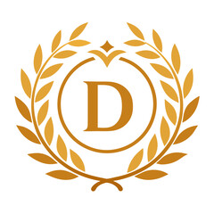 a fragile gold ''D''  logo with an ornament, in the Baroque style, framed by a laurel wreath - white background