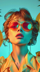 Obraz premium Retro style pastel colors summer background. Fashion woman wearing big sunglasses.