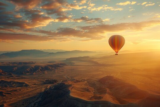 Experience the serenity of a hot air balloon ride over a stunning desert landscape as the sun sets in the horizon.