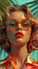 Obraz premium Retro style pastel colors summer background. Fashion woman wearing big sunglasses.