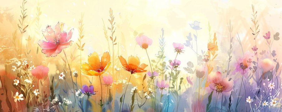 Colorful wildflowers field background, in the style of watercolor illustration Generative AI