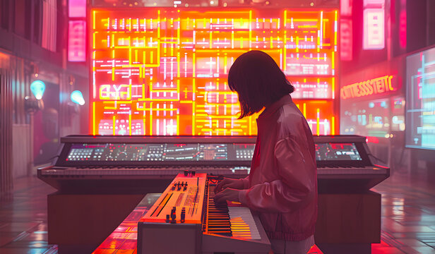 Elegant playing on a theremin in a modern futuristic interior, with neon lights and holographic screens around, minimalist style