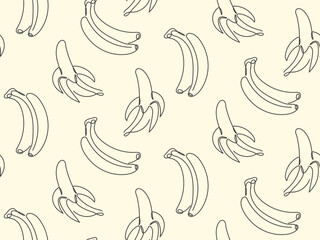 Outline drawn banana seamless pattern. Ripe tropical fruit. Peeled and bunch of bananas background. Modern Doodle line sketch illustration. Pattern for packaging, cover, wallpaper