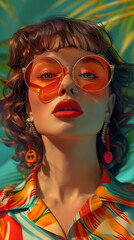 Retro style pastel colors summer background. Fashion woman wearing big sunglasses.